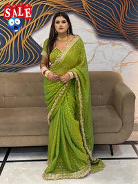 Ultra Soft Moss Fendy Chiffon Saree With Silver Jhari Weaving Buti - Chikankari official