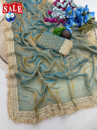 Ultra Soft Moss Fendy Chiffon Saree With Silver Jhari Weaving Buti - Chikankari official