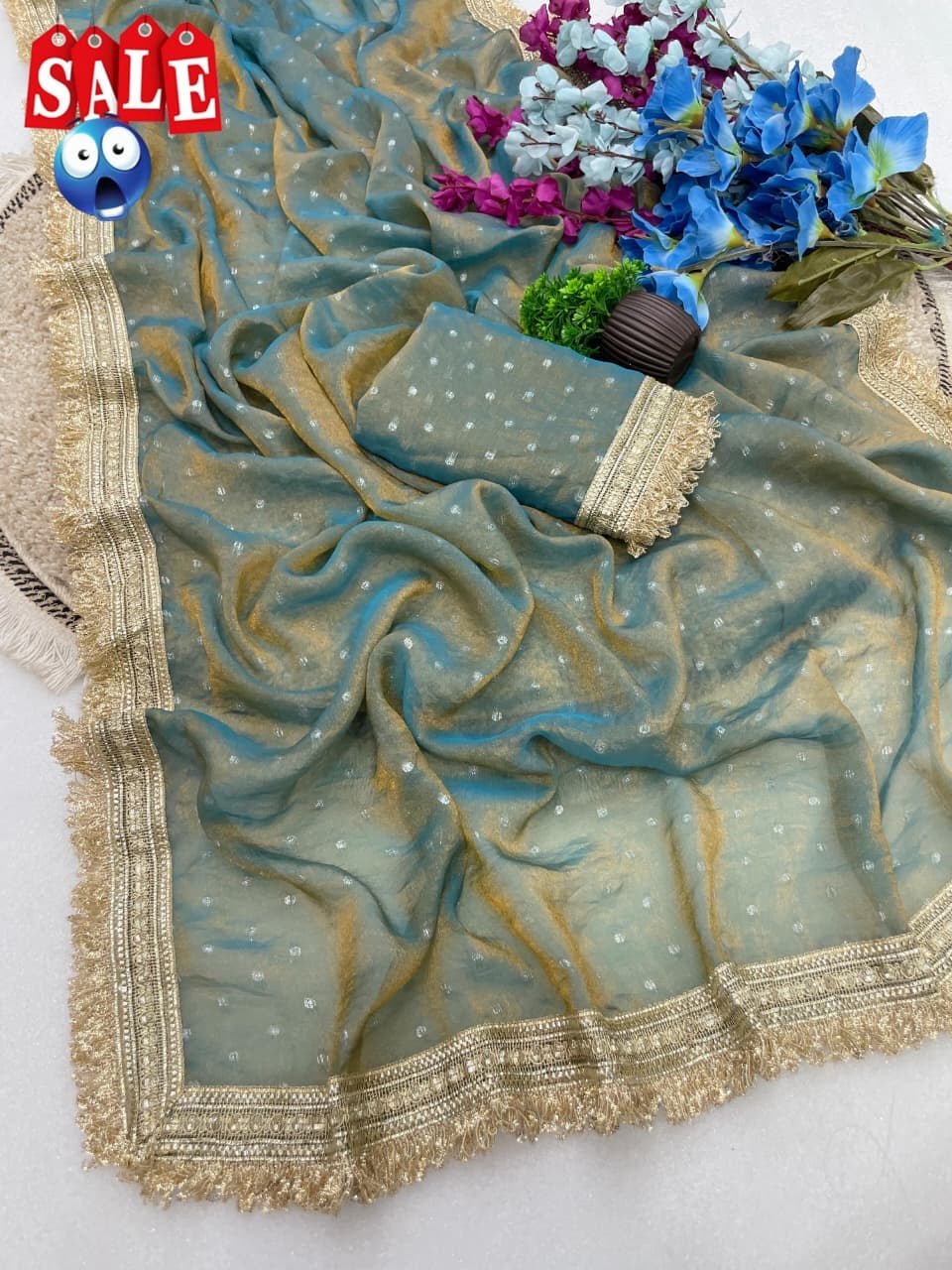 Ultra Soft Moss Fendy Chiffon Saree With Silver Jhari Weaving Buti - Chikankari official