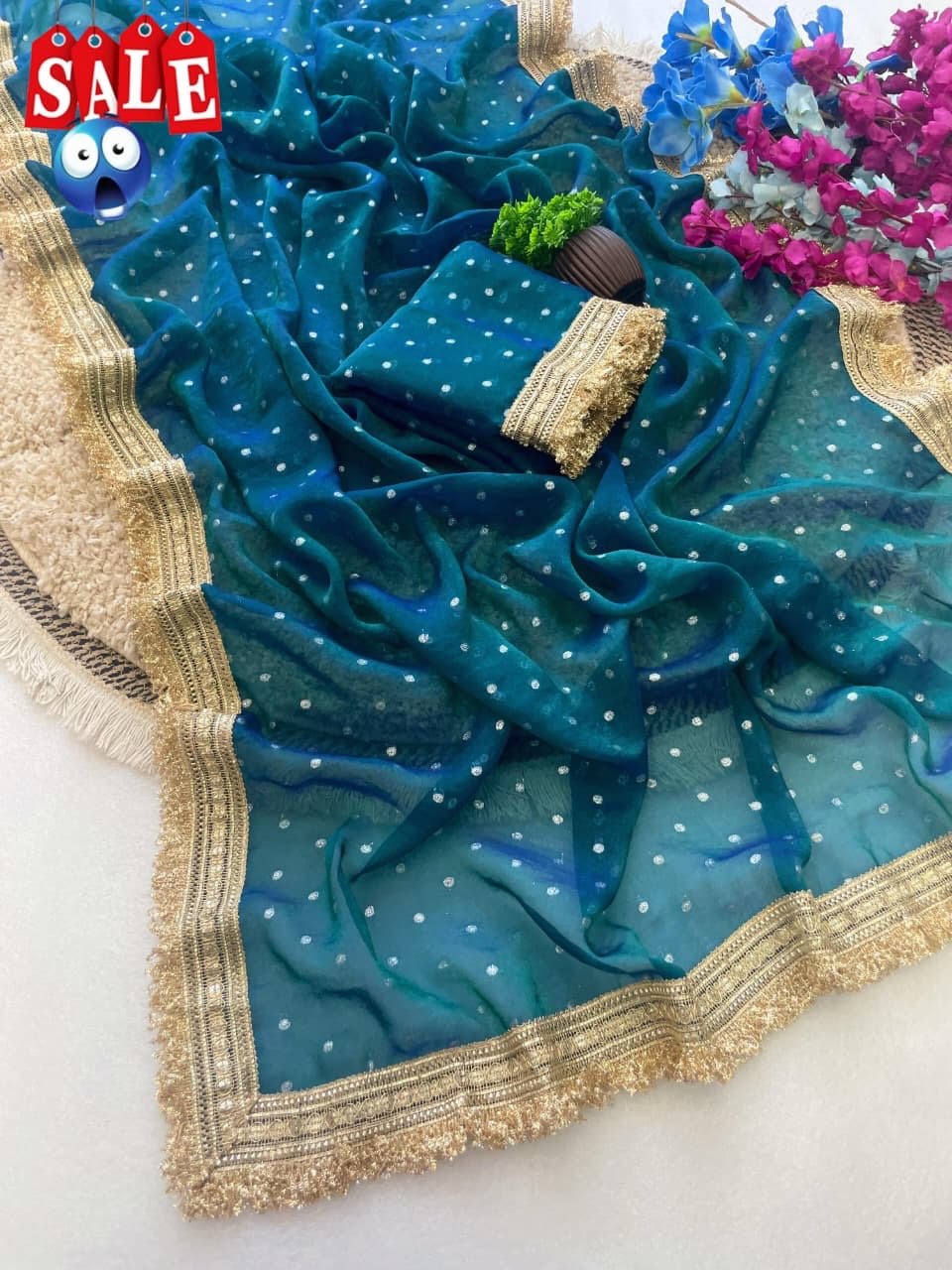 Ultra Soft Moss Fendy Chiffon Saree With Silver Jhari Weaving Buti - Chikankari official