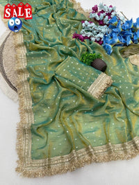 Ultra Soft Moss Fendy Chiffon Saree With Silver Jhari Weaving Buti - Chikankari official
