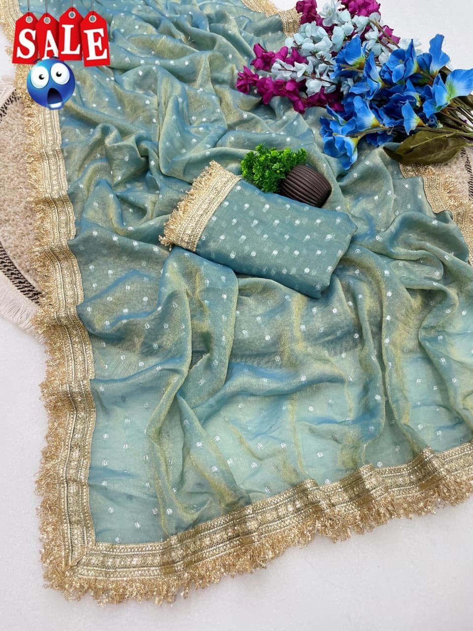 Ultra Soft Moss Fendy Chiffon Saree With Silver Jhari Weaving Buti - Chikankari official