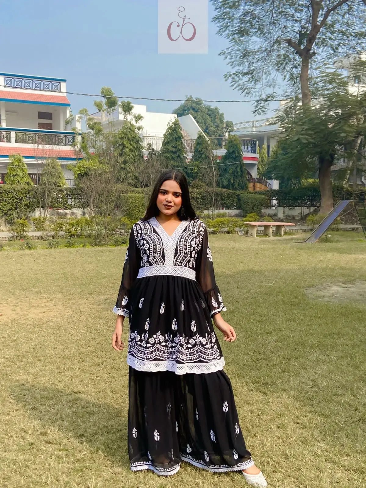 V Lace Chikankari Gharara set - Chikankari official