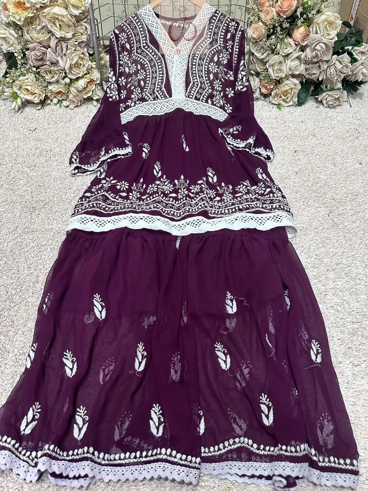 V Lace Chikankari Gharara set - Chikankari official