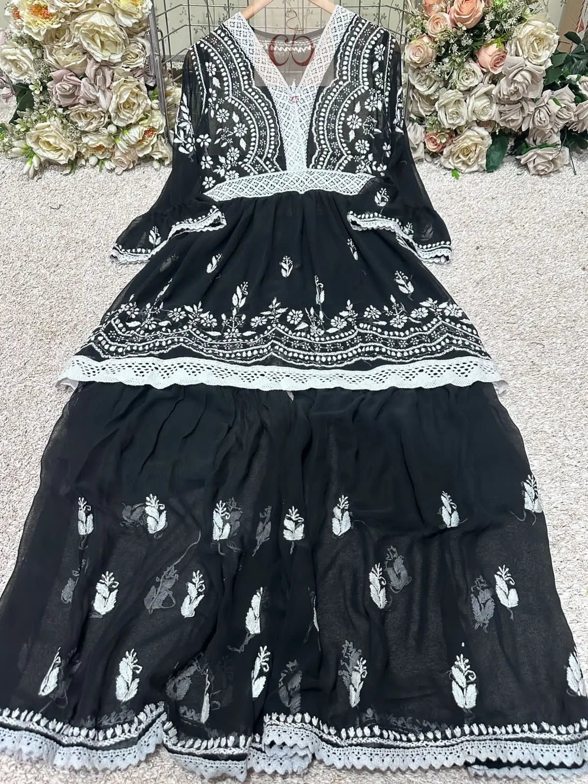 V Lace Chikankari Gharara set - Chikankari official
