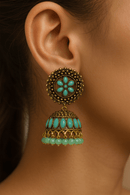 Vintage Gold & Turquoise Floral Jhumka - Chikankari official