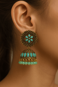 Vintage Gold & Turquoise Floral Jhumka - Chikankari official