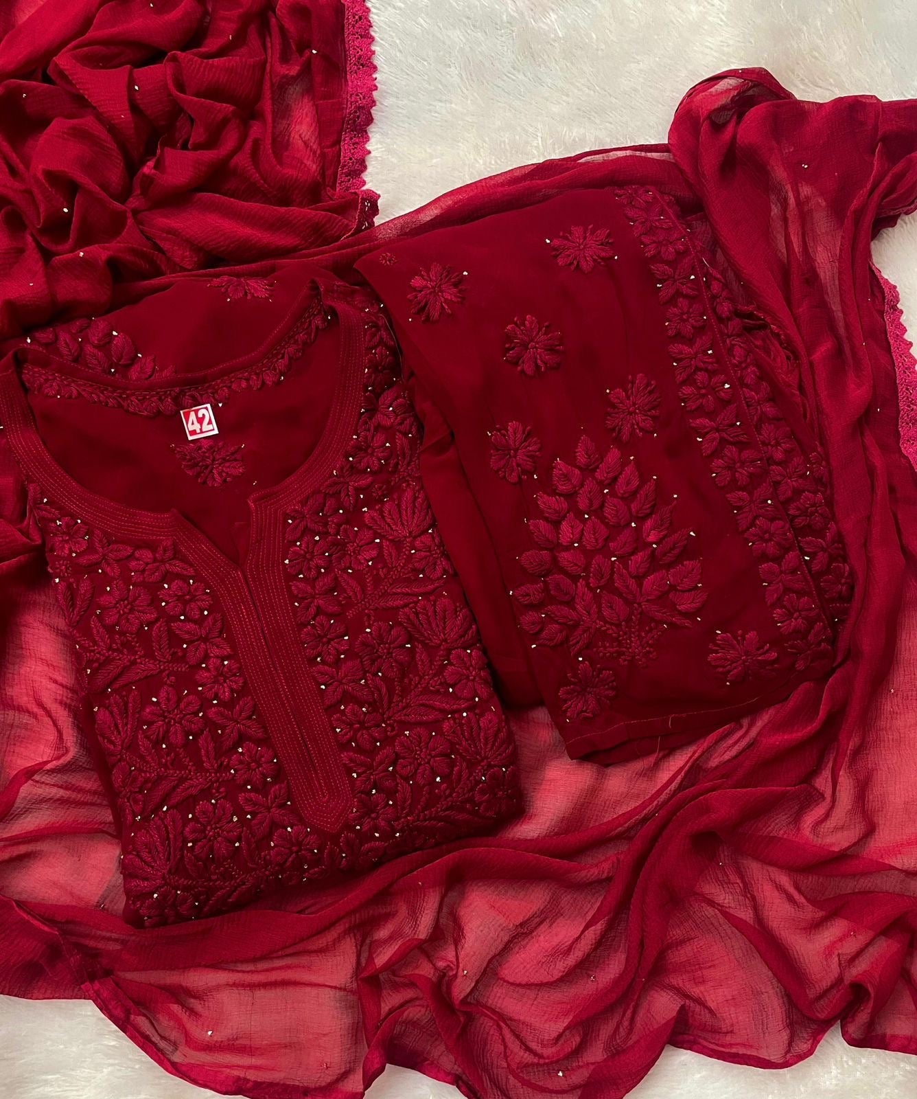 Viscose heavywork 3d Kurta pant dupatta set - Chikankari official