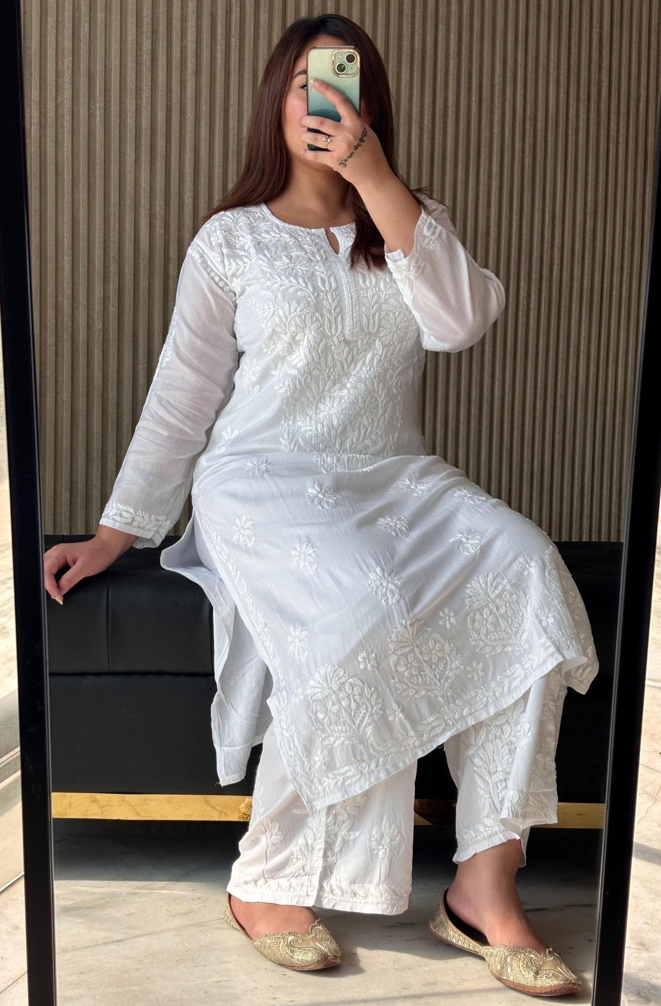 White Modal Cotton Kurta With plazzo - Chikankari official