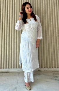 White Modal Cotton Kurta With plazzo - Chikankari official