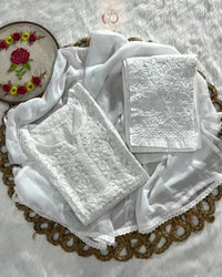 White Modal with Muqaish Chikankari Kurti 3pc Set - Chikankari official