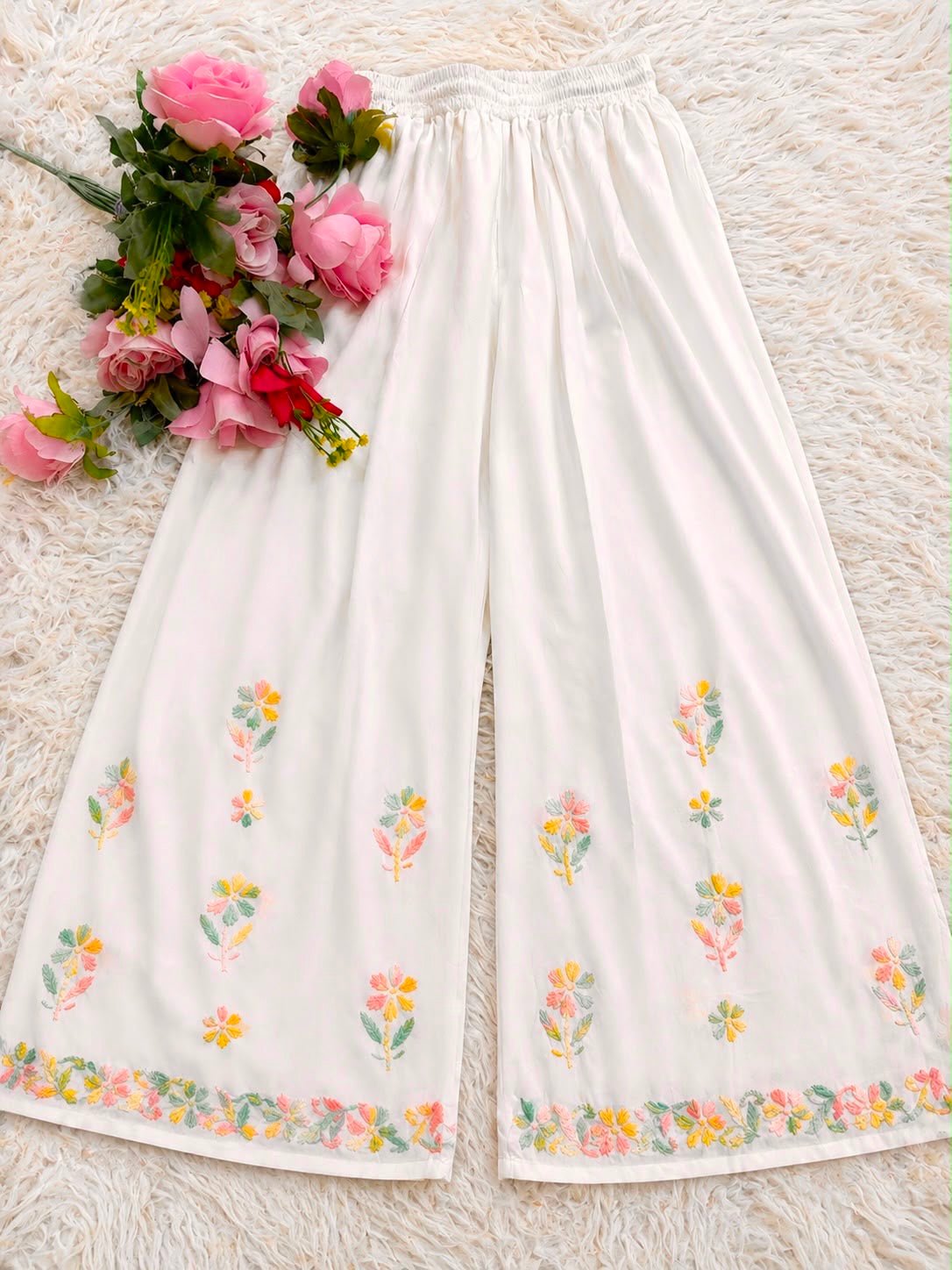White Mul Cotton Multicolor Thread Embroidered Kurta Palazzo Set - Chikankari official