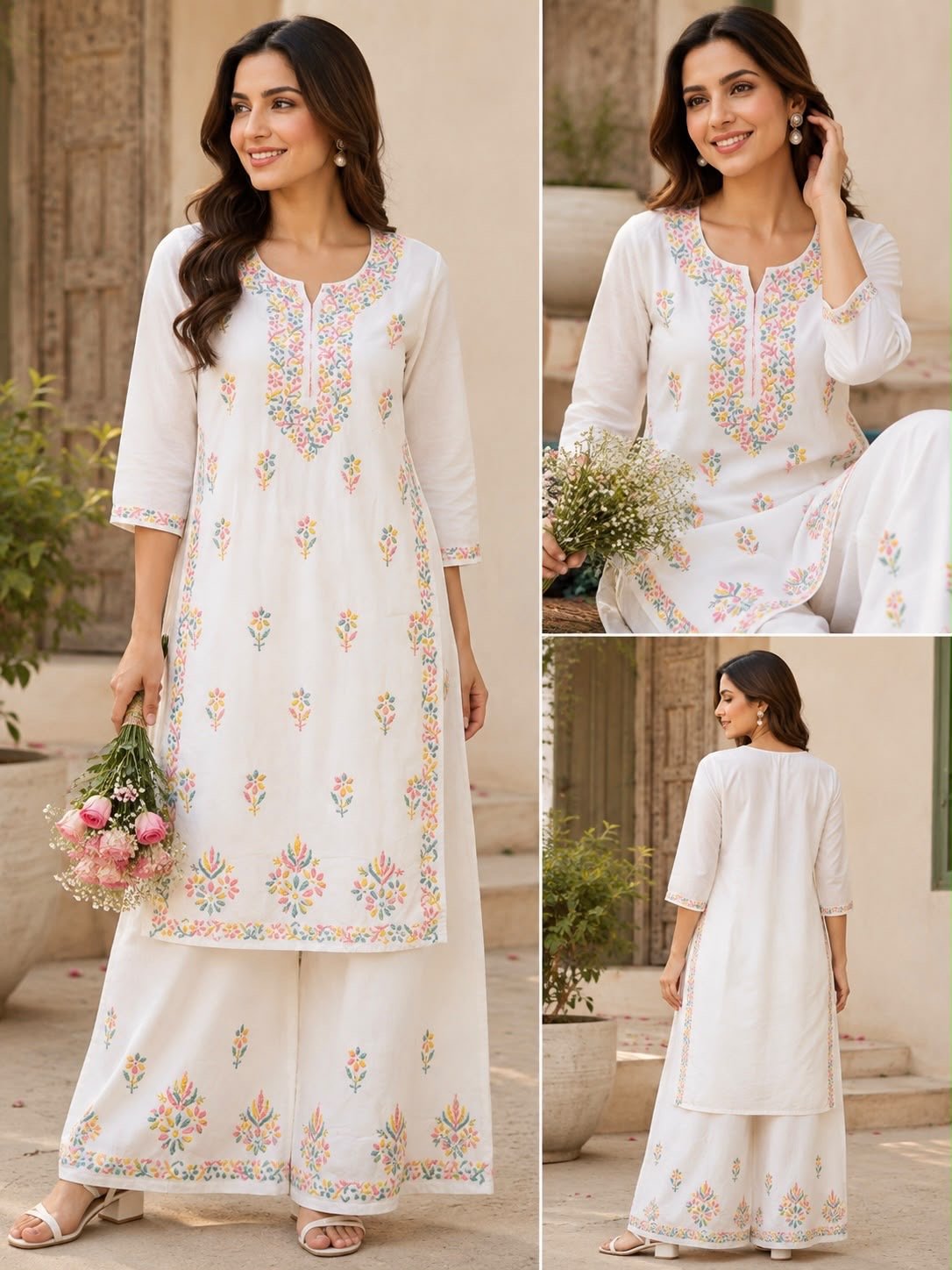 White Mul Cotton Multicolor Thread Embroidered Kurta Palazzo Set