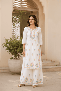 White Mul Cotton Multicolor Thread Embroidered Kurta Palazzo Set - Chikankari official