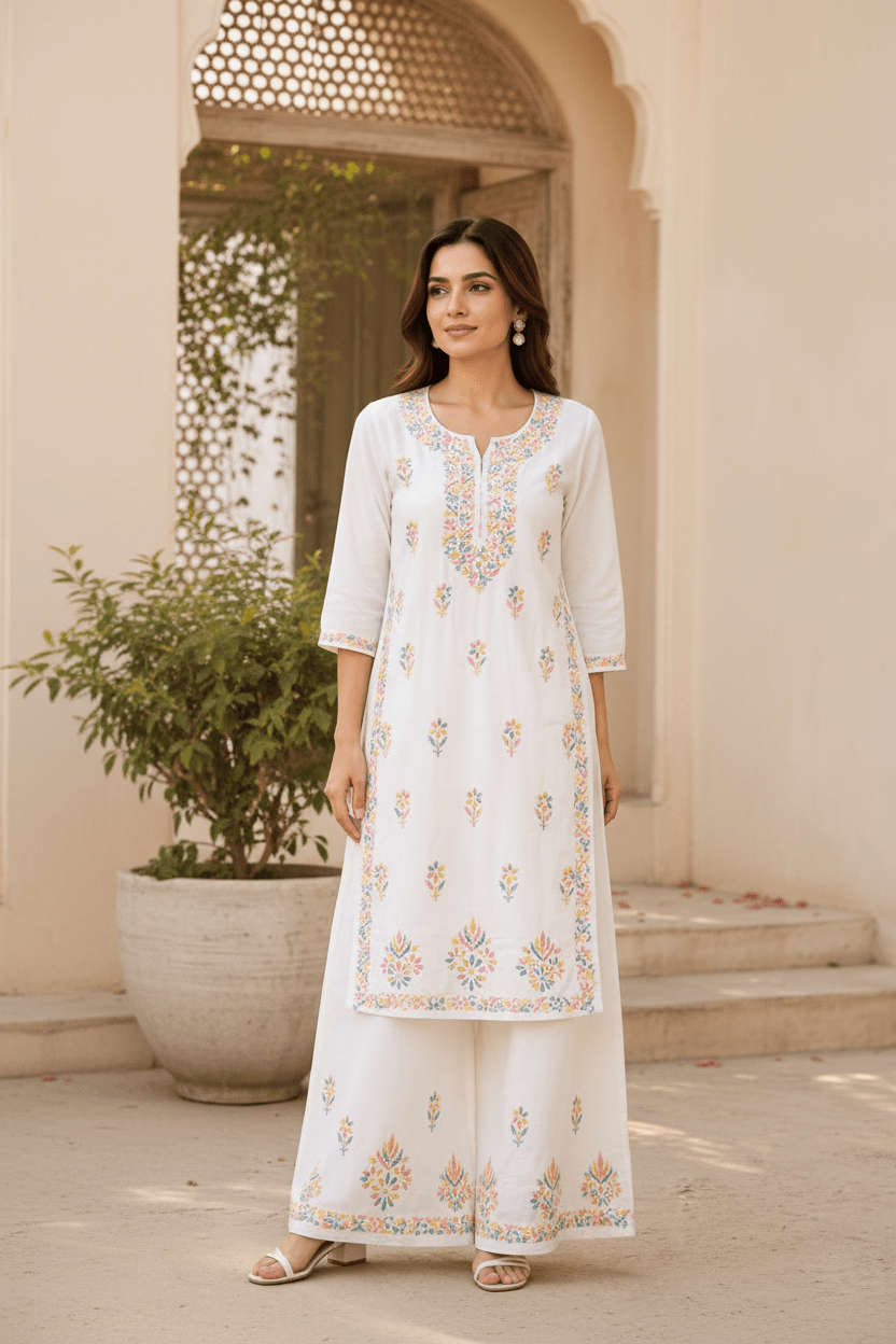 White Mul Cotton Multicolor Thread Embroidered Kurta Palazzo Set - Chikankari official