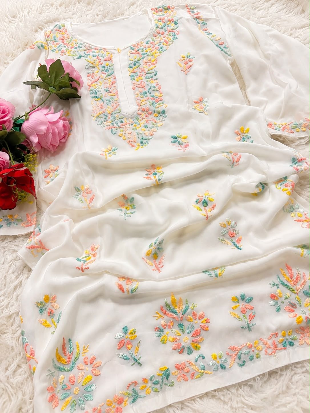 White Mul Cotton Multicolor Thread Embroidered Kurta Palazzo Set - Chikankari official