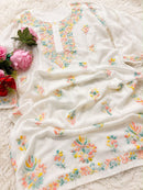 White Mul Cotton Multicolor Thread Embroidered Kurta Palazzo Set - Chikankari official