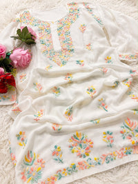 White Mul Cotton Multicolor Thread Embroidered Kurta Palazzo Set - Chikankari official