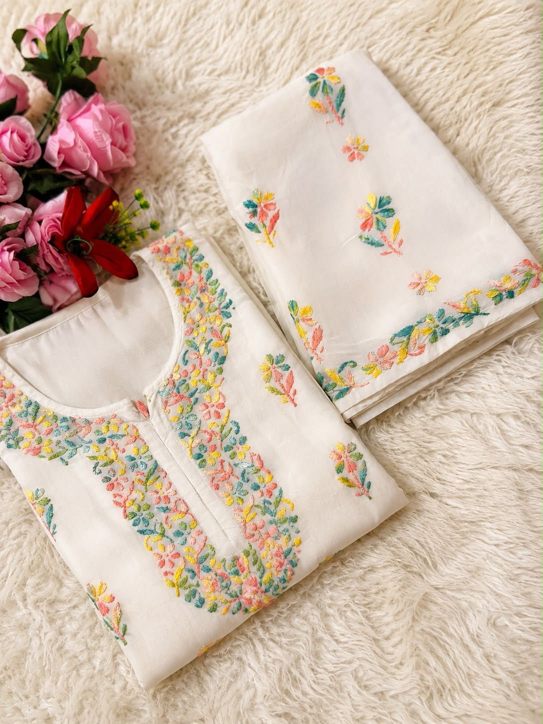 White Mul Cotton Multicolor Thread Embroidered Kurta Palazzo Set - Chikankari official