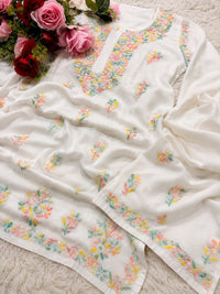 White Mul Cotton Multicolor Thread Embroidered Kurta Palazzo Set - Chikankari official