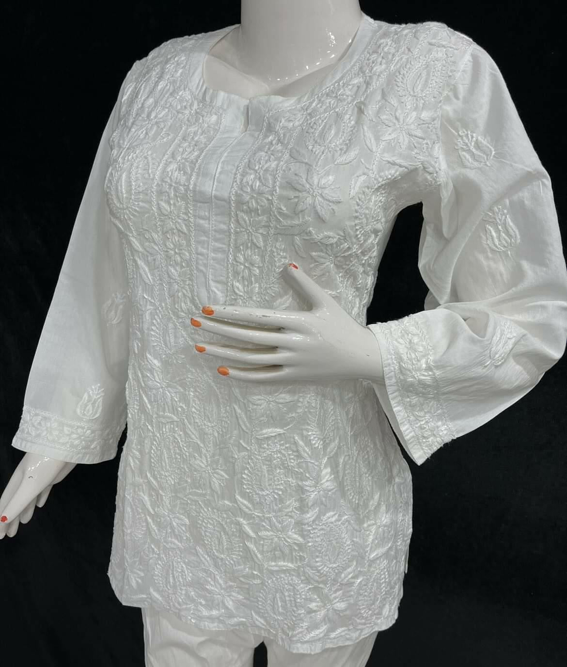 White Pure Cotton Short Top - Chikankari official