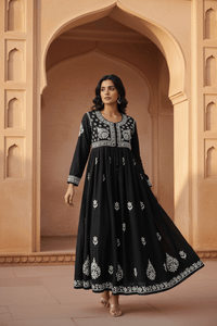 Yolk Black Gown with white chikankari work - Chikankari official