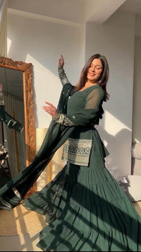 Zaiba 3pc Royal Green Foux georgette’s set - Chikankari official