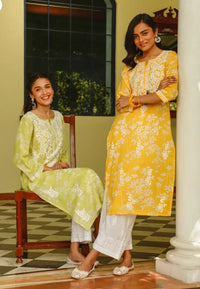 Zainab Chikankari Mulmul Printed Straight Kurta - Green - Chikankari official