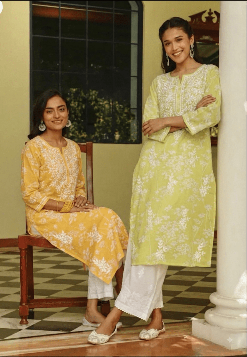 Zainab Chikankari Mulmul Printed Straight Kurta -Green - Chikankari official