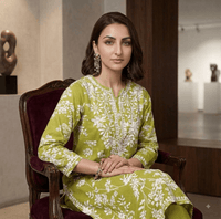 Zainab Chikankari Mulmul Printed Straight Kurta -Green - Chikankari official