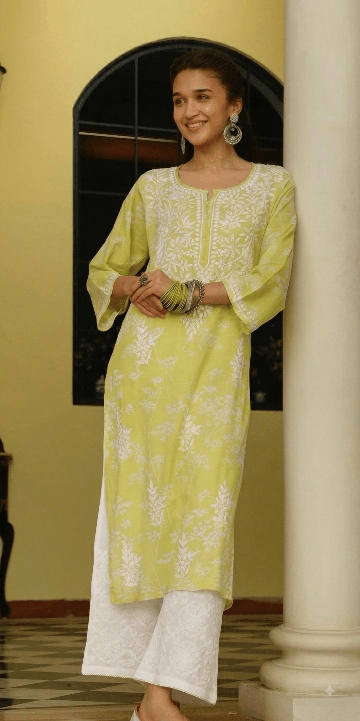 Zainab Chikankari Mulmul Printed Straight Kurta -Green