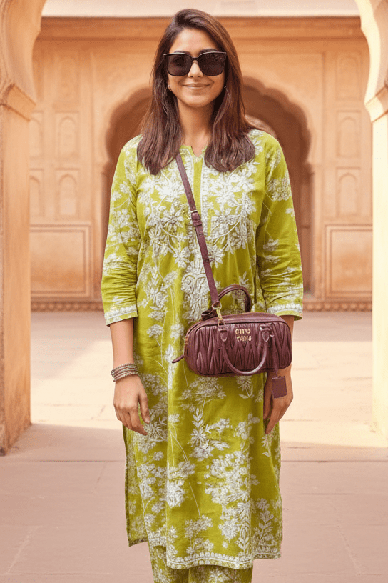 Zainab Chikankari Mulmul Printed Straight Kurta -Green