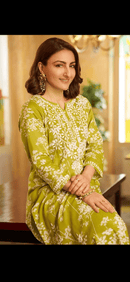 Zainab Chikankari Mulmul Printed Straight Kurta - Green - Chikankari official