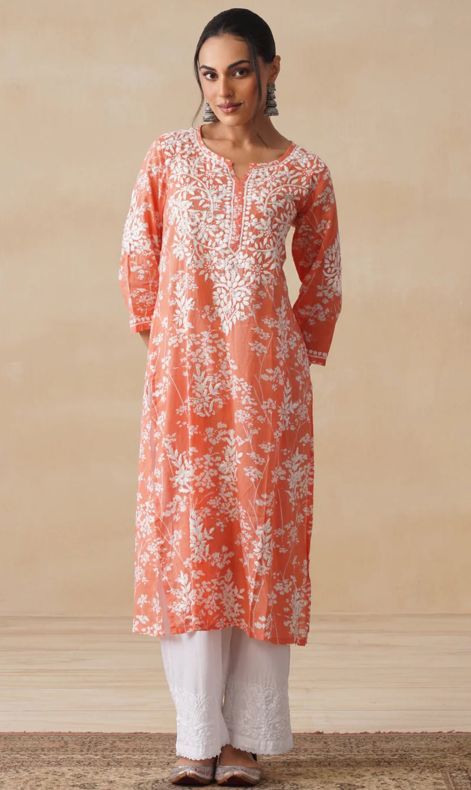 Zainab Chikankari Mulmul Printed Straight Kurta - Orange - Chikankari official