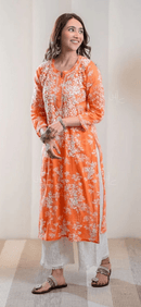Zainab Chikankari Mulmul Printed Straight Kurta - Orange - Chikankari official