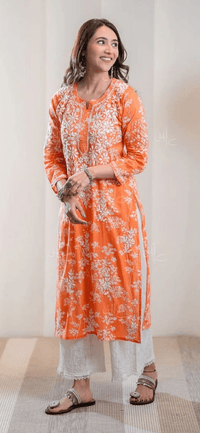 Zainab Chikankari Mulmul Printed Straight Kurta - Orange - Chikankari official