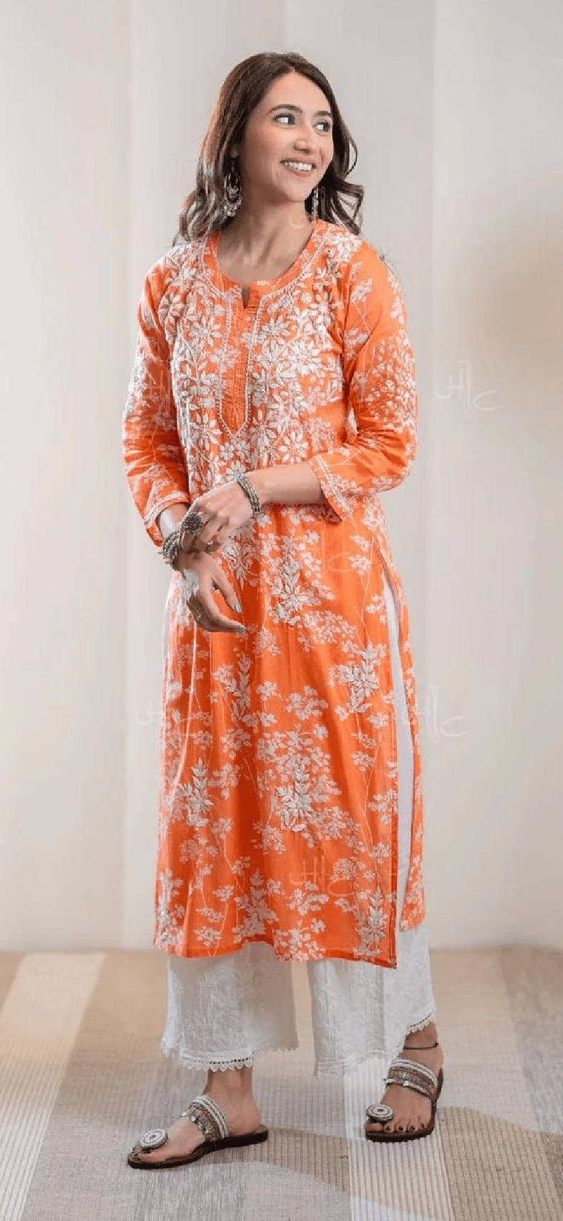 Zainab Chikankari Mulmul Printed Straight Kurta - Orange - Chikankari official