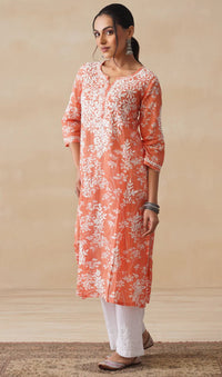 Zainab Chikankari Mulmul Printed Straight Kurta - Orange - Chikankari official
