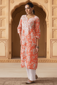 Zainab Chikankari Mulmul Printed Straight Kurta -Orange - Chikankari official