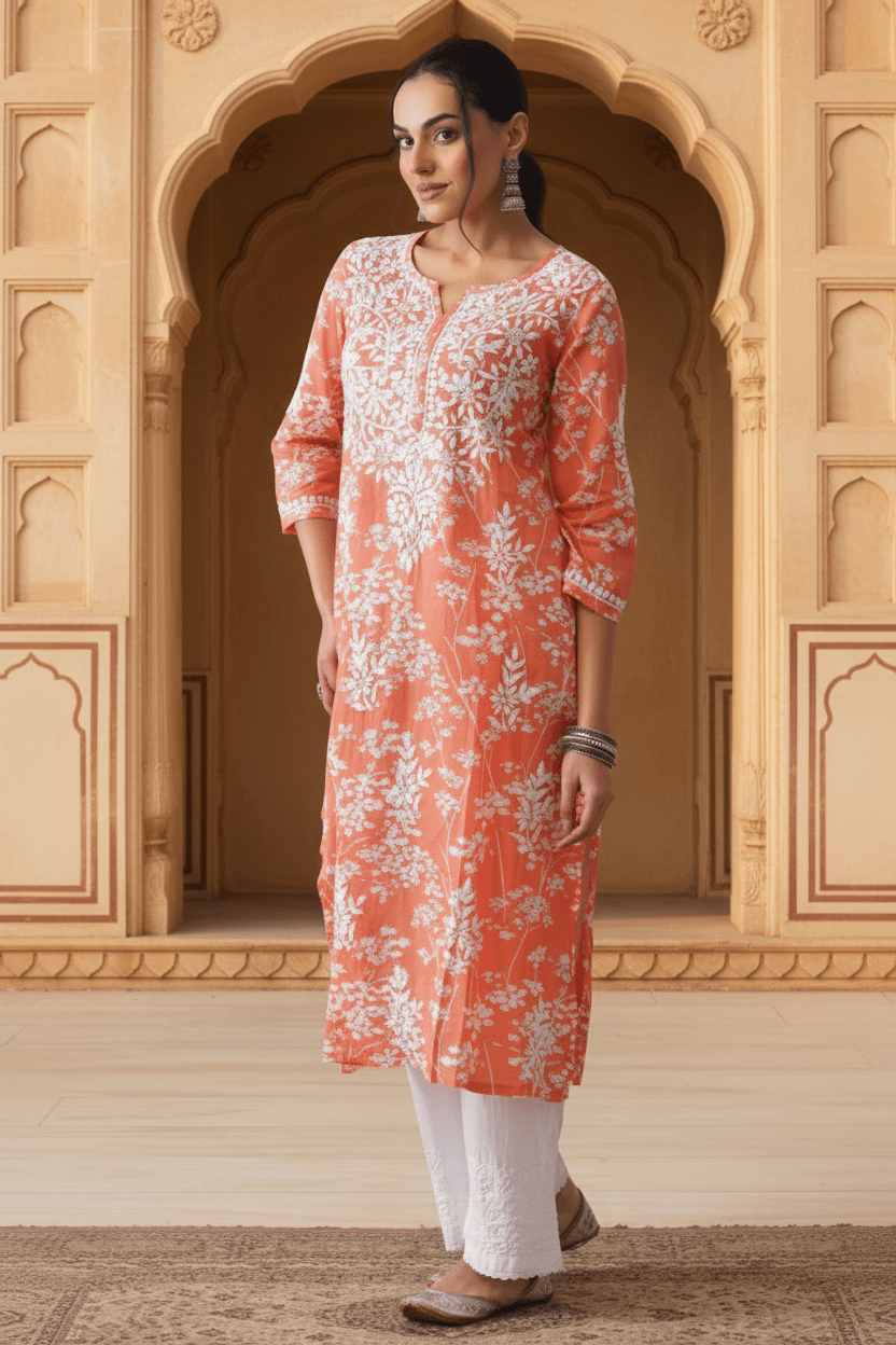 Zainab Chikankari Mulmul Printed Straight Kurta -Orange