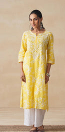Zainab Chikankari Mulmul Printed Straight Kurta - Yellow - Chikankari official