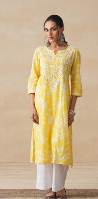 Zainab Chikankari Mulmul Printed Straight Kurta - Yellow - Chikankari official