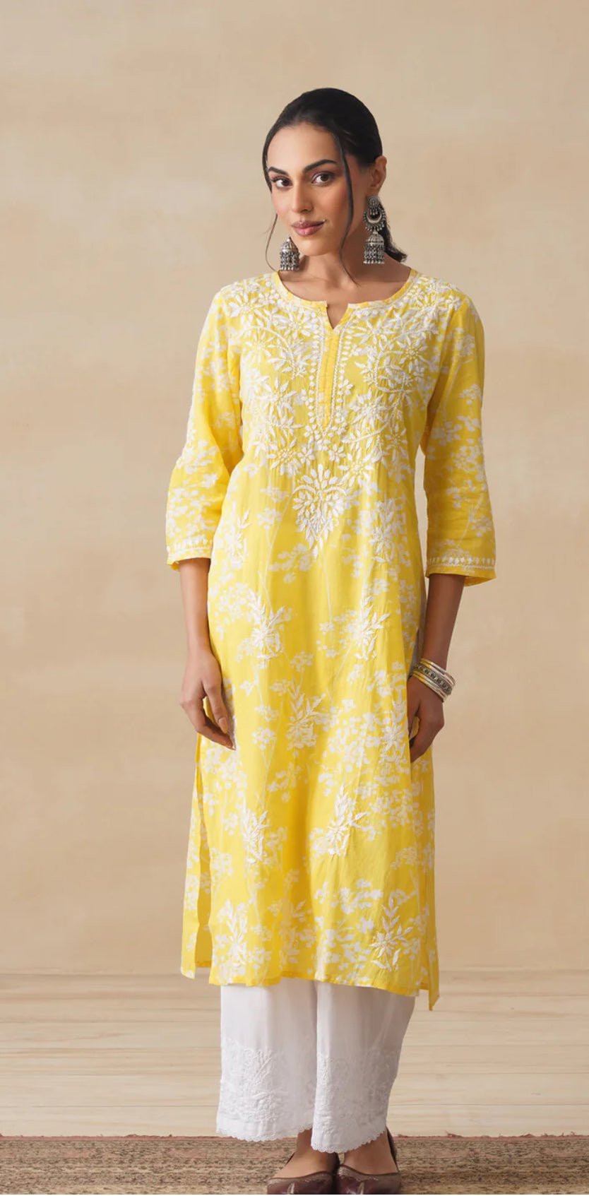 Zainab Chikankari Mulmul Printed Straight Kurta - Yellow - Chikankari official