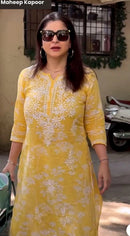 Zainab Chikankari Mulmul Printed Straight Kurta - Yellow - Chikankari official