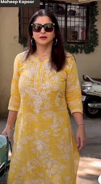 Zainab Chikankari Mulmul Printed Straight Kurta - Yellow - Chikankari official