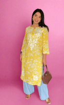 Zainab Chikankari Mulmul Printed Straight Kurta - Yellow - Chikankari official