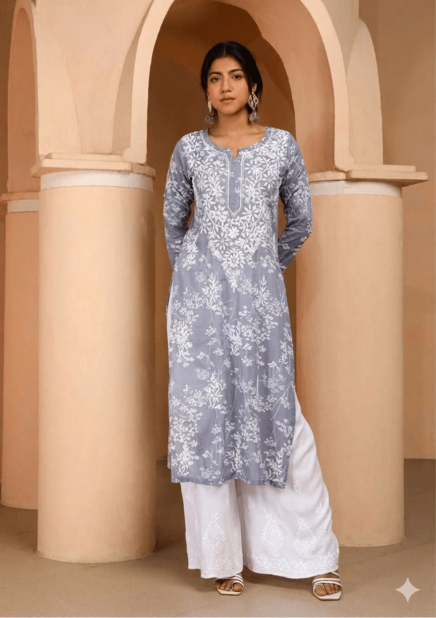 Zainab Grey soft Mul floral print Kurta