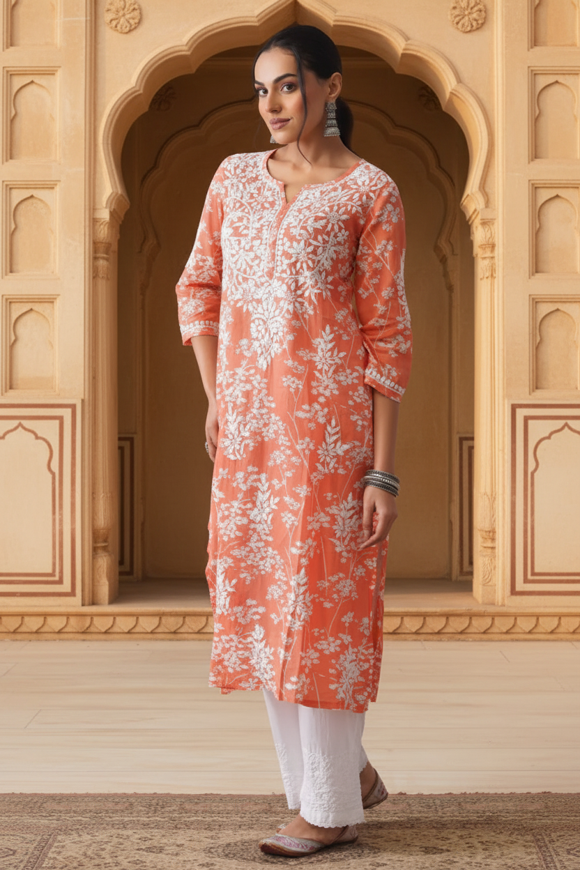 Zainab Chikankari Mulmul Printed Straight Kurta -Orange