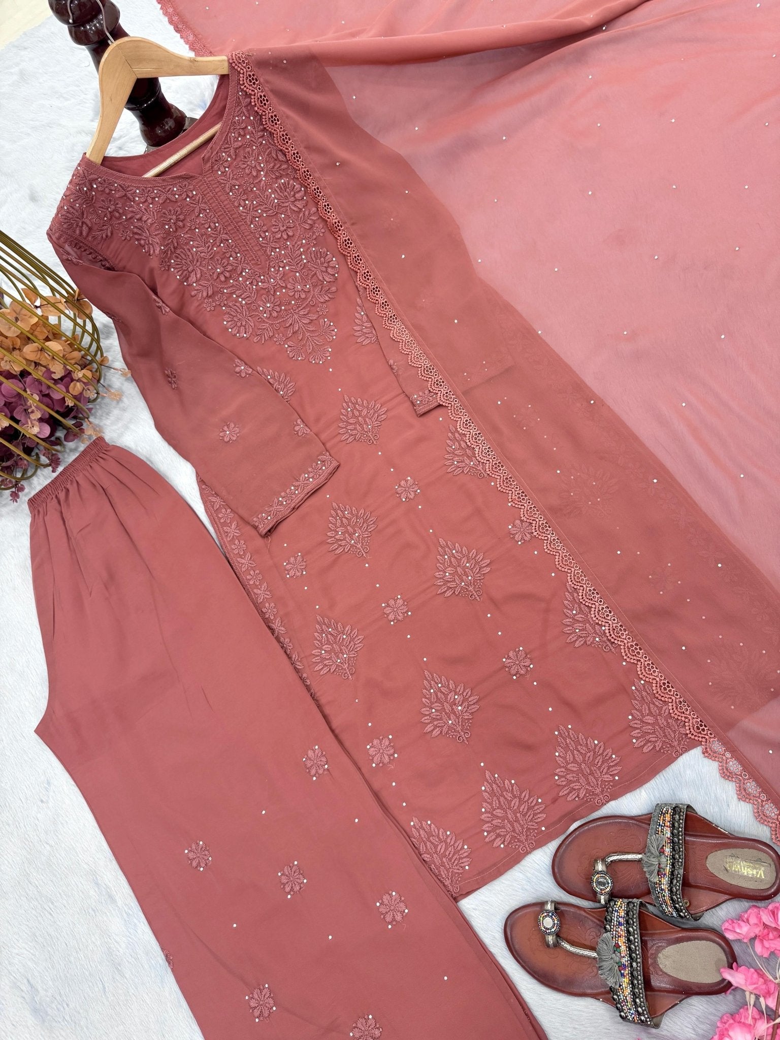 Zara Luxury Chikankari Suit Hand Muqaish Work 3pc Set - Chikankari official