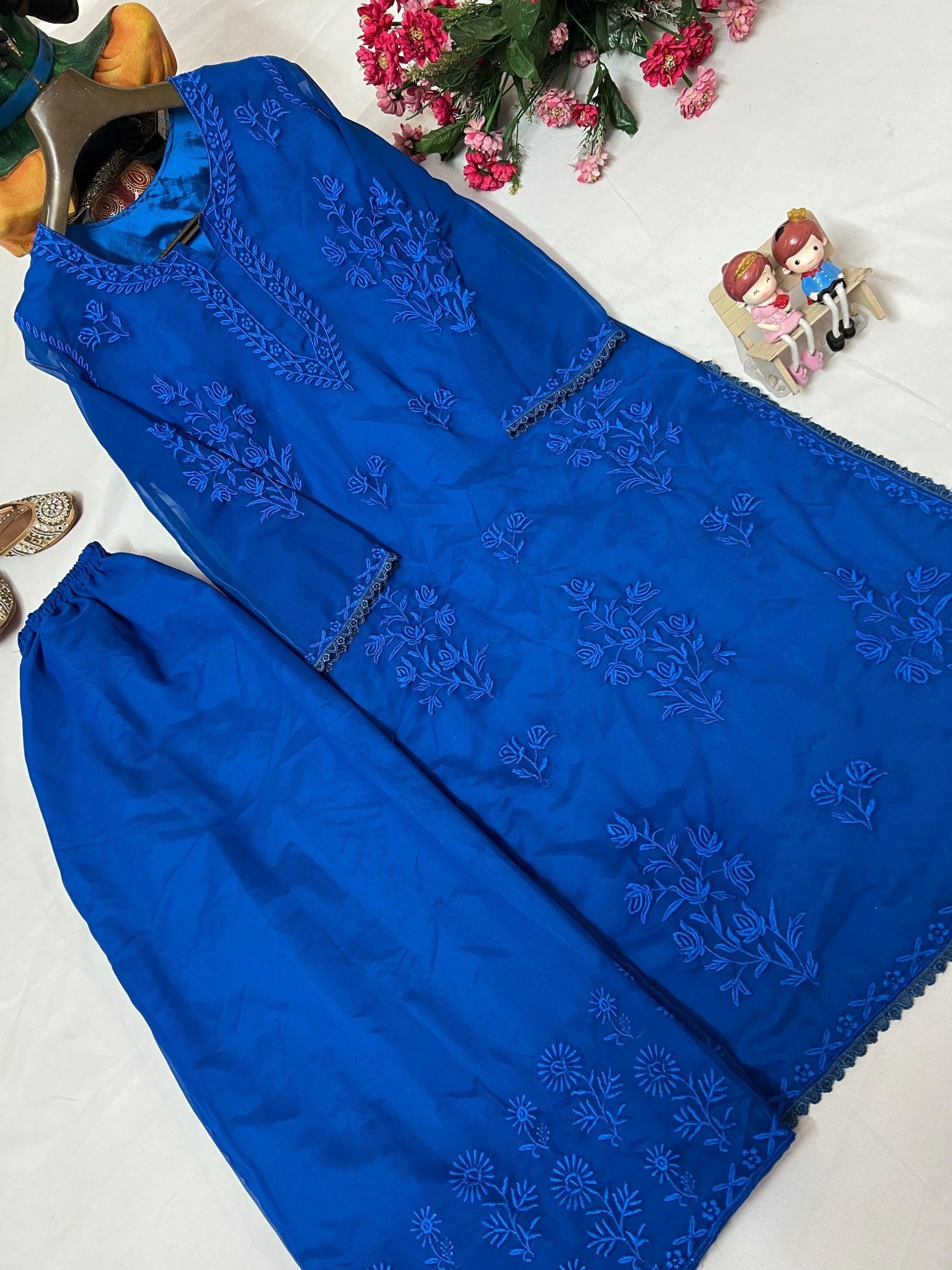 Zara Navy Blue Soft Georgette 2pc Set - Chikankari official